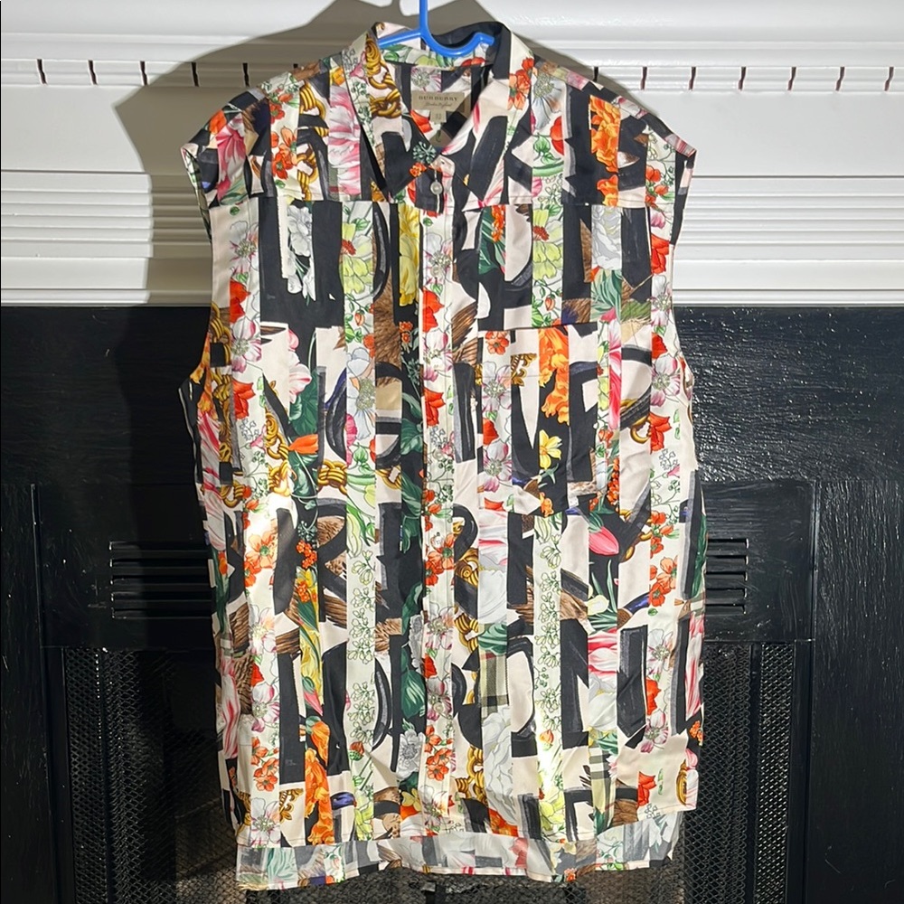 Burberry London Silk Sleeveless Floral Button Down Blouse Top Women’s US Size 12